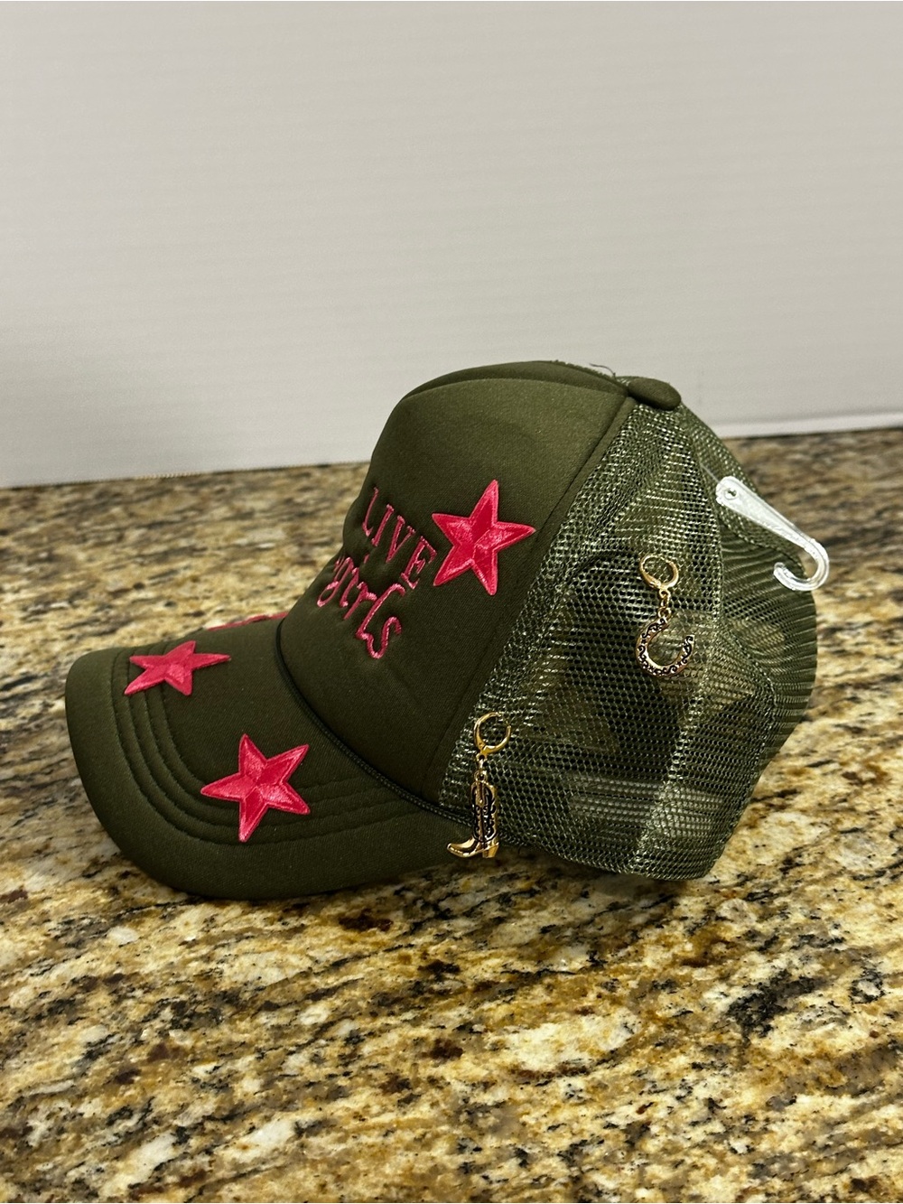 Long Live Cowgirls Olive Trucker Hat with Pink Stars and charms - Picture 5 of 8